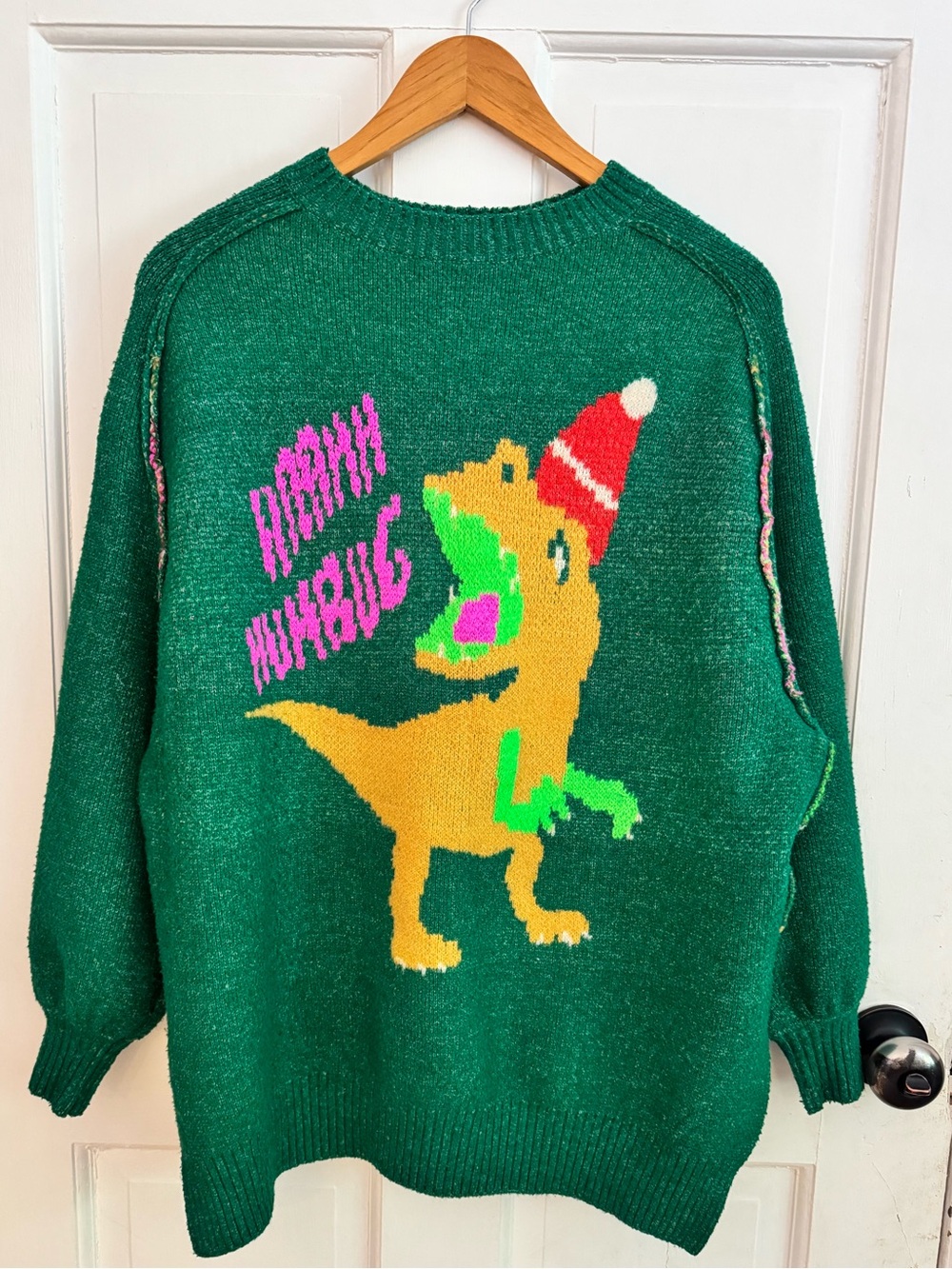 Urban Outfitters BDG Raahh Humbug Dinosaur Holiday Sweater Green Oversized Small